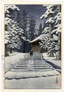 Hall of the Golden Hue, Hiraizumi (Original) woodblock print by Kawase Hasui